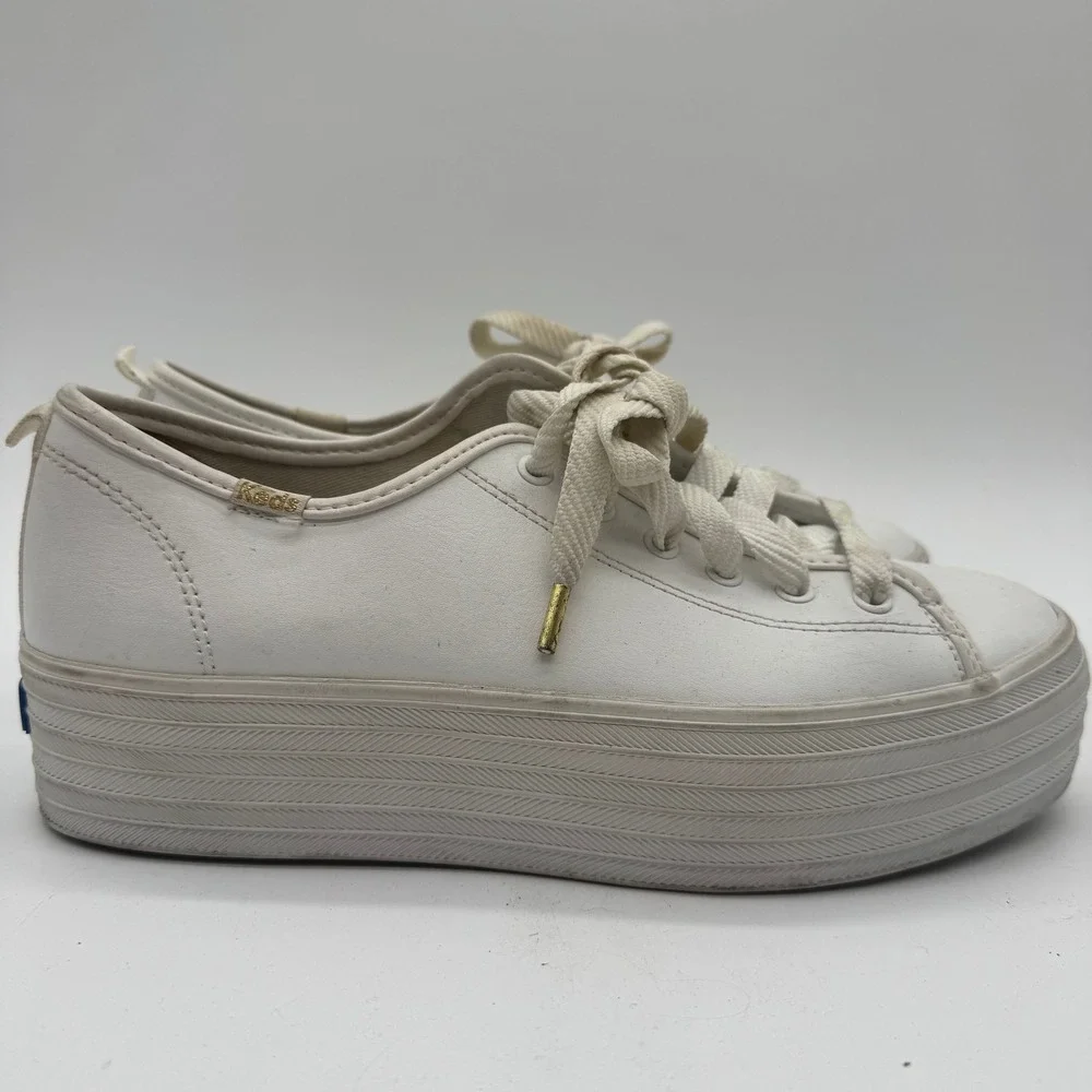 Keds Triple Up White Leather Platform Sneakers Womens 8 WH61626 Gold Hardware